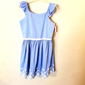 Zunie Girls New Blue Chambray Sleeveless Dress White Eyelet on Scalloped Hem XL